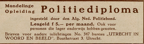 717397 Advertentie voor de mondelinge opleiding voor het politiediploma, ingesteld door de Algemeene Nederlandsche ...